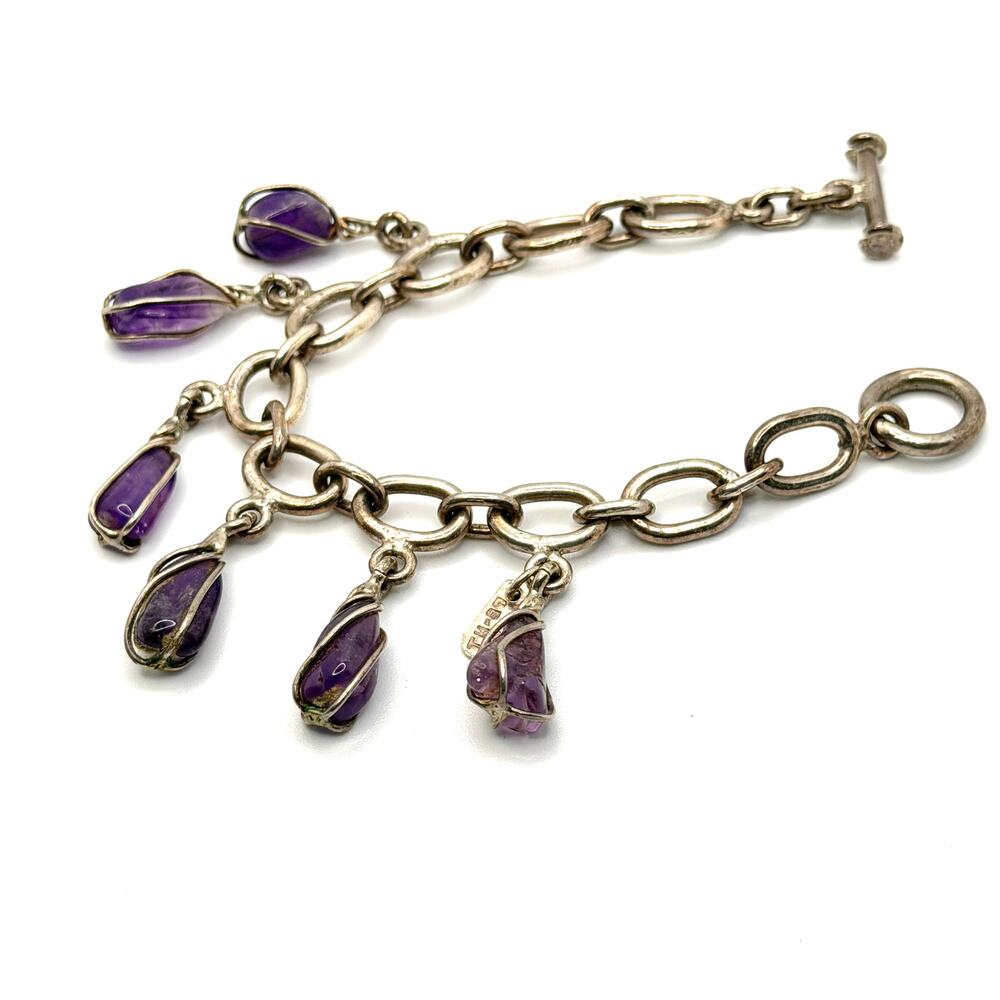 Vintage 90s Mexico Taxco 925 Sterling Silver Amethyst Charm Bracelet